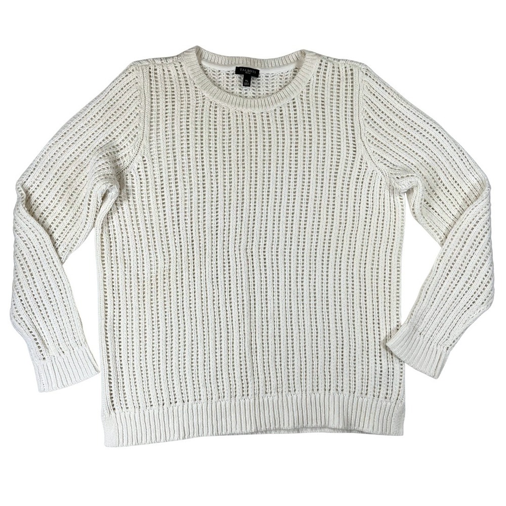 Talbots Petite Cream White Open Knit Cotton Sweater‎ Crew Neck Long Sleeve MP